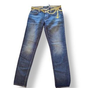 JUICY COUTURE Bleecker Slouchy Skinny Anchors Away Denim Blue Jeans w Gold